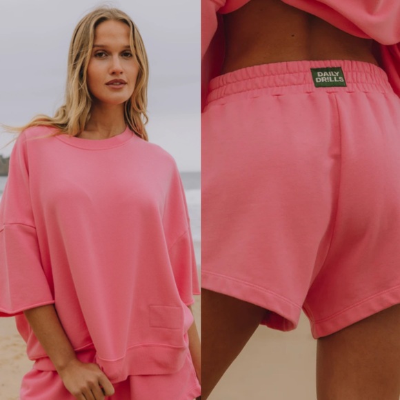 Daily Drills Cropped Sleeve Crew Sweat Short Set Cheeks Pink Lounge Womens XS/S - Picture 1 of 6